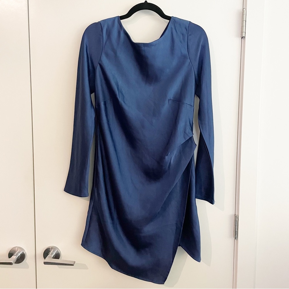 Saints + Secrets Blue Satin Long-sleeved Mini Dress Size Large